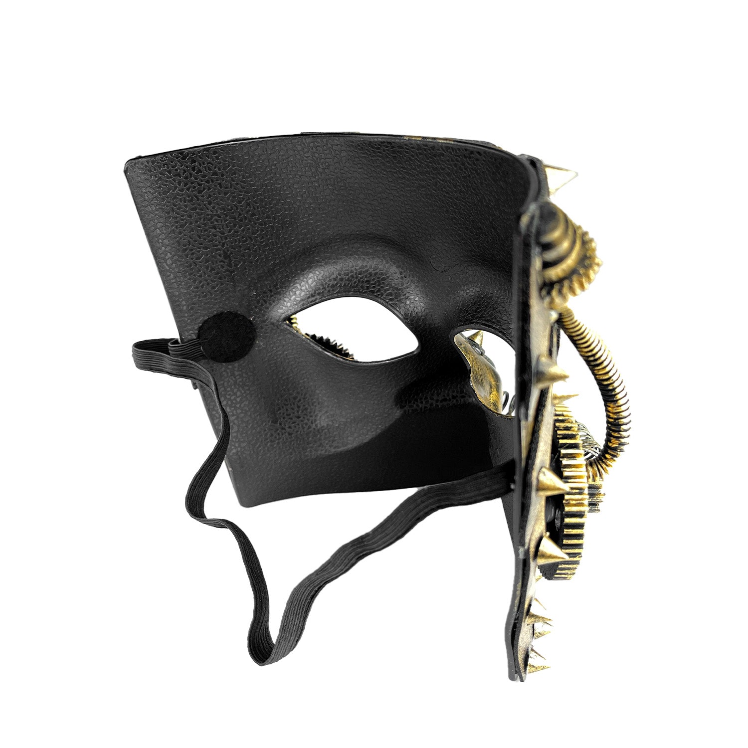 This image shows the interior, textured black reverse side of a steampunk-style masquerade mask.