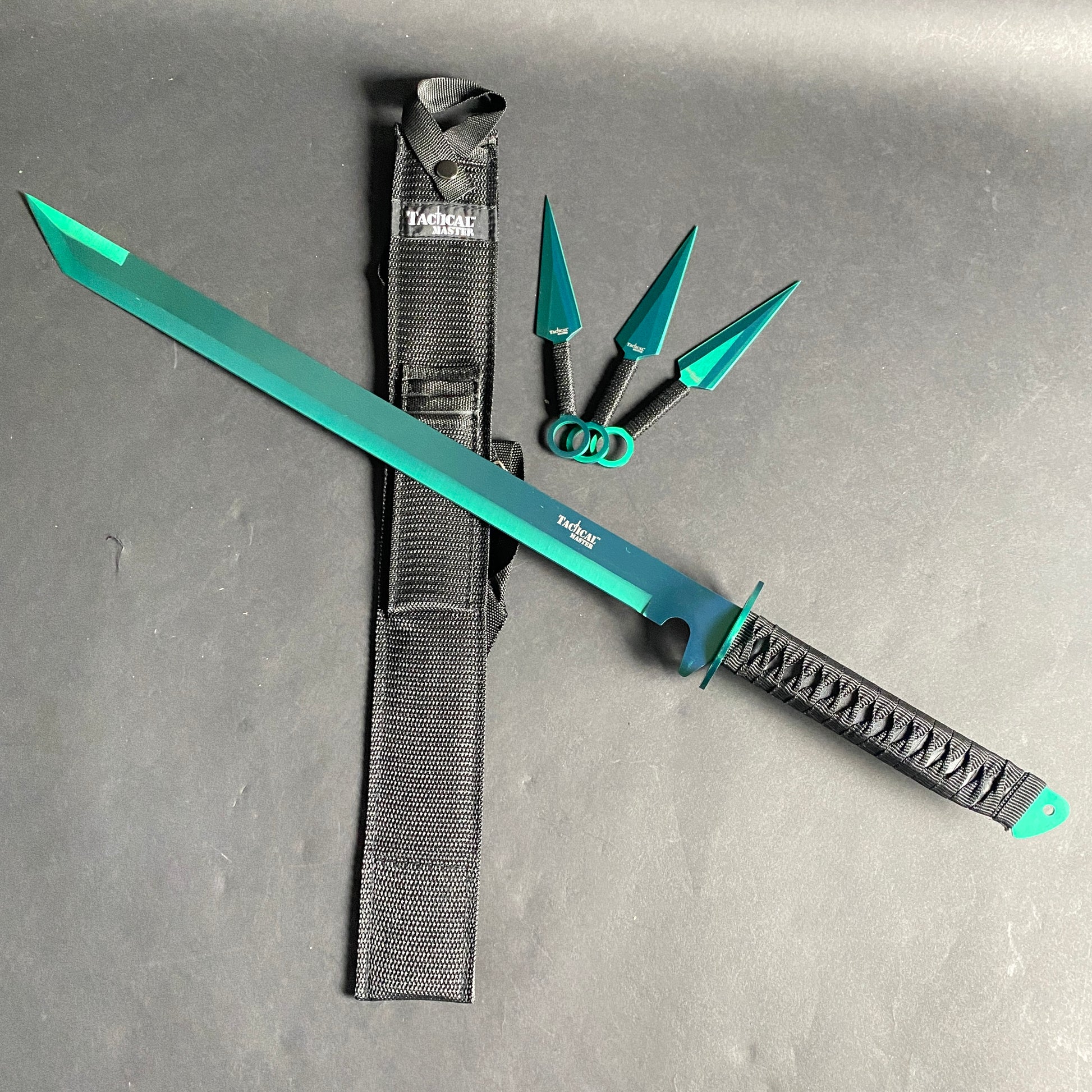 Tactical Master 26" Green Machete w/3 Pcs throwing Knives