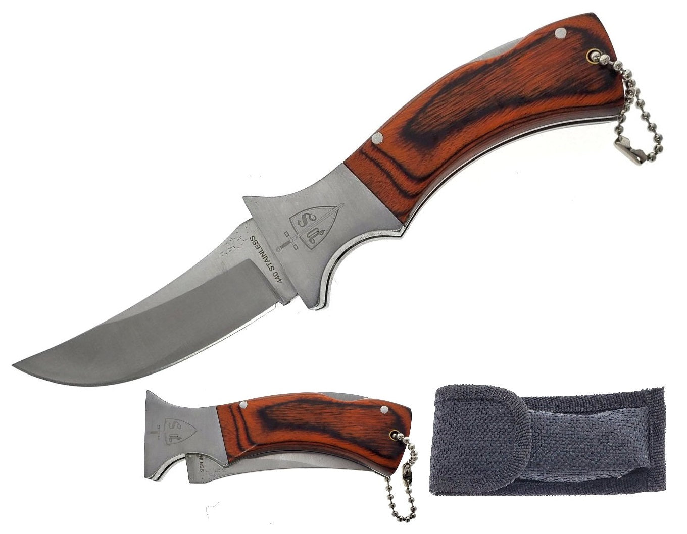 6 1/4" Folding Knife w/ wood handle & pouch