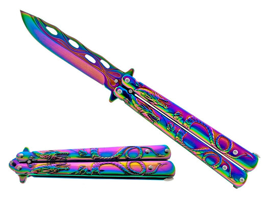 8" Overall Practice Butterfly Knife w/Dragon Engraved Handle