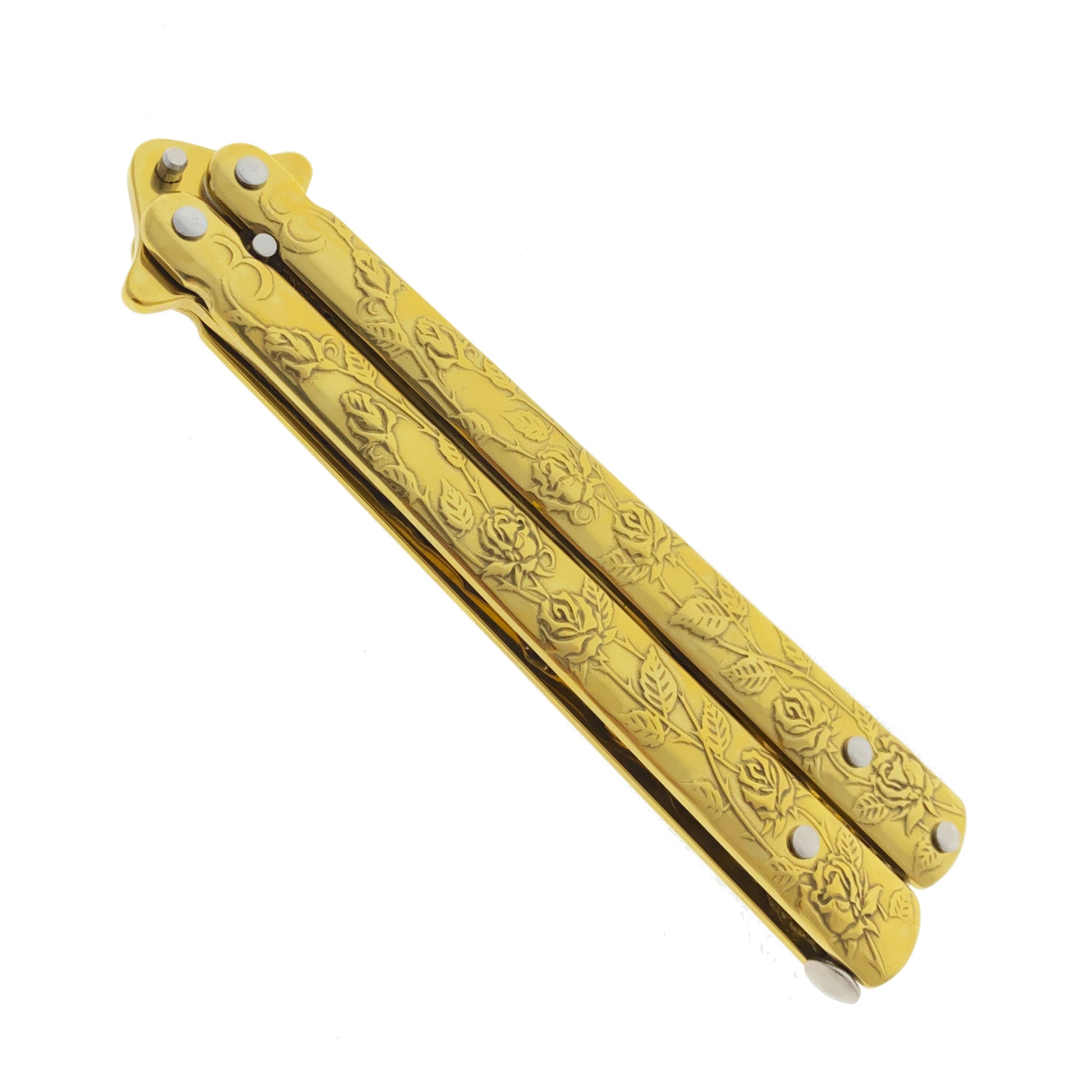 8" Gold Overall Practice Butterfly Knife w/Rose Engraved