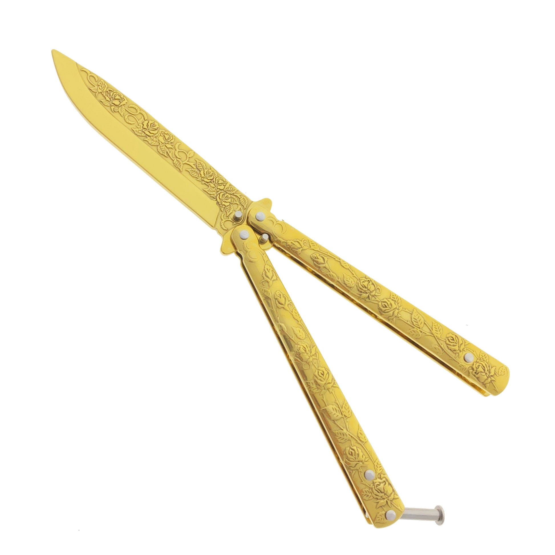 8" Gold Overall Practice Butterfly Knife w/Rose Engraved