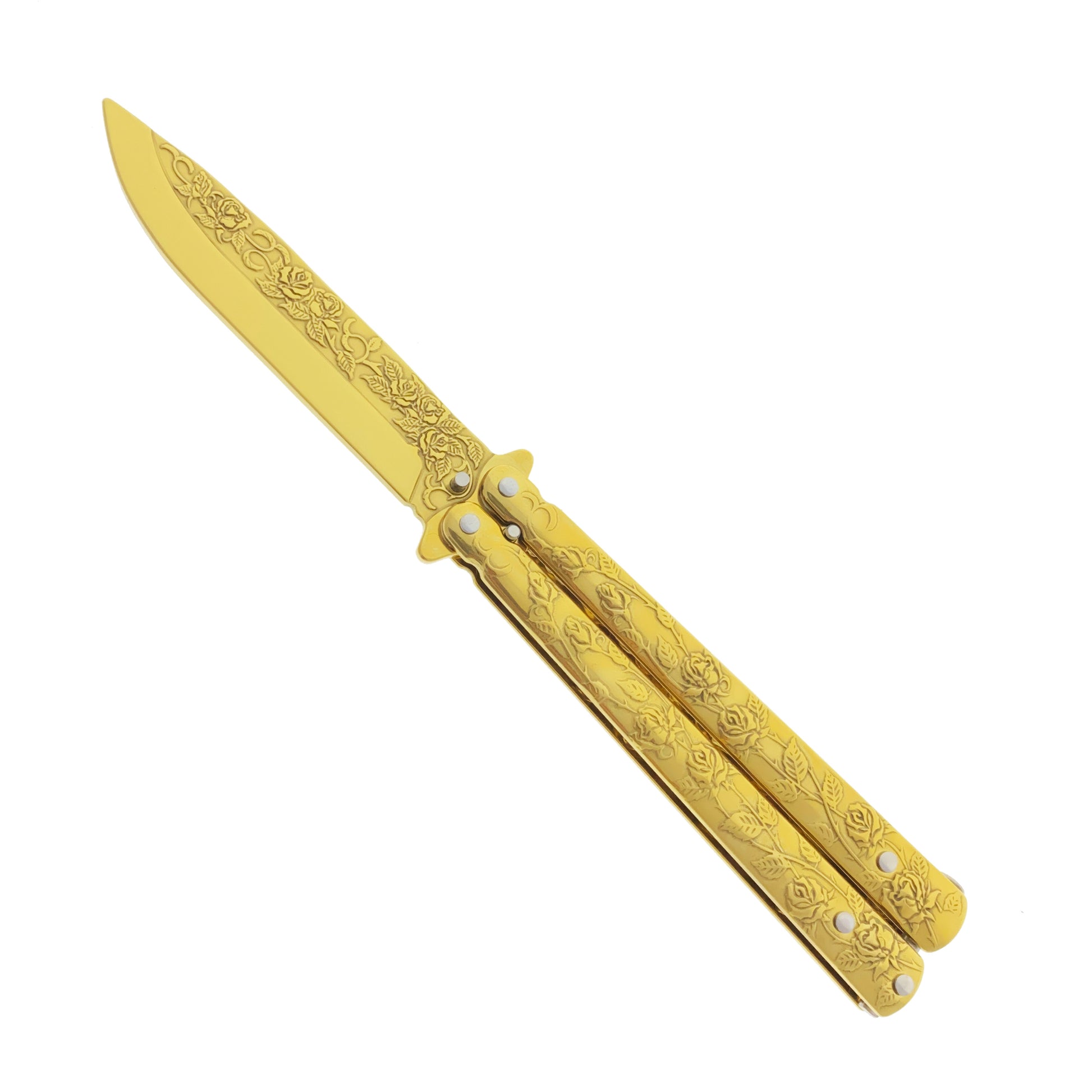 8" Gold Overall Practice Butterfly Knife w/Rose Engraved