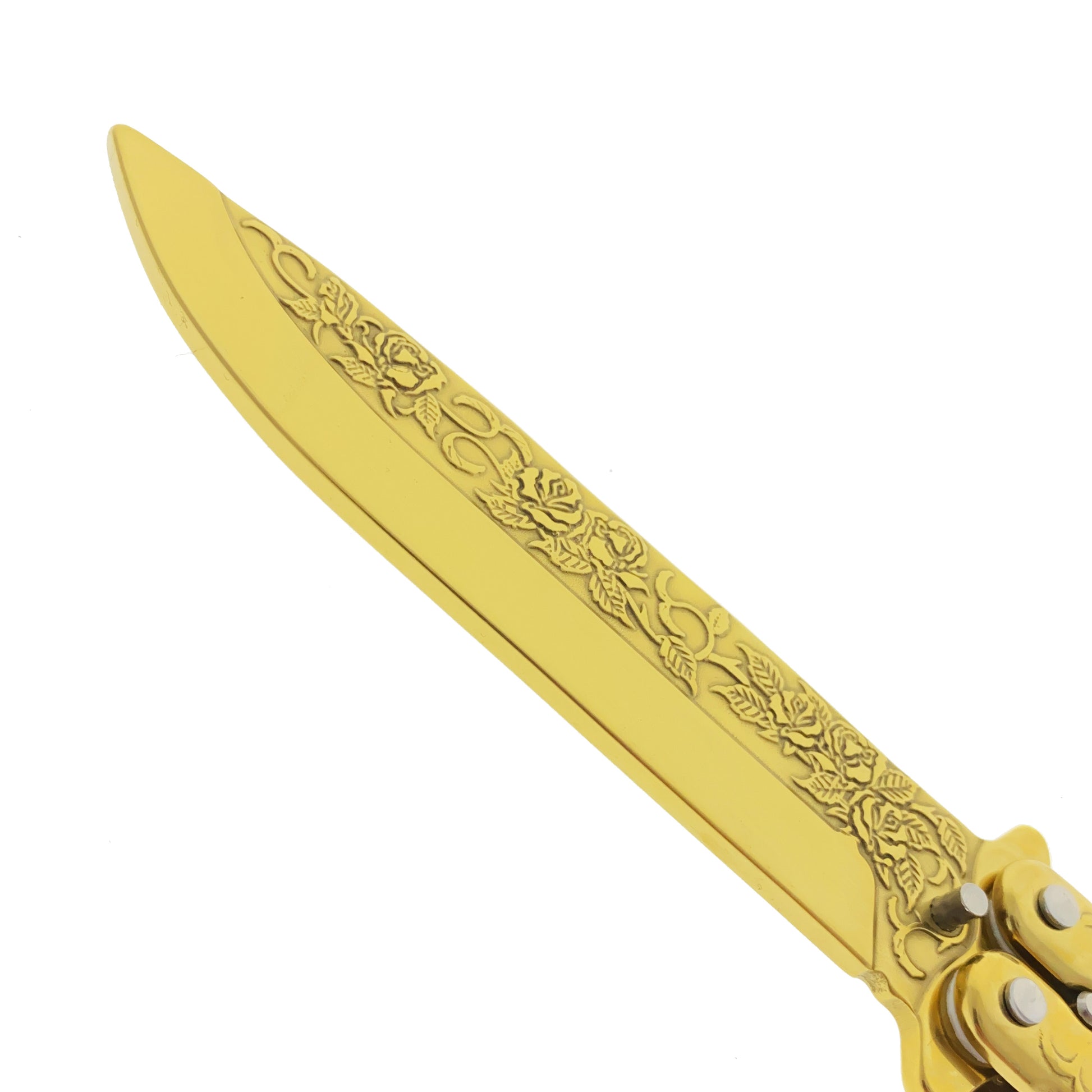 8" Gold Overall Practice Butterfly Knife w/Rose Engraved