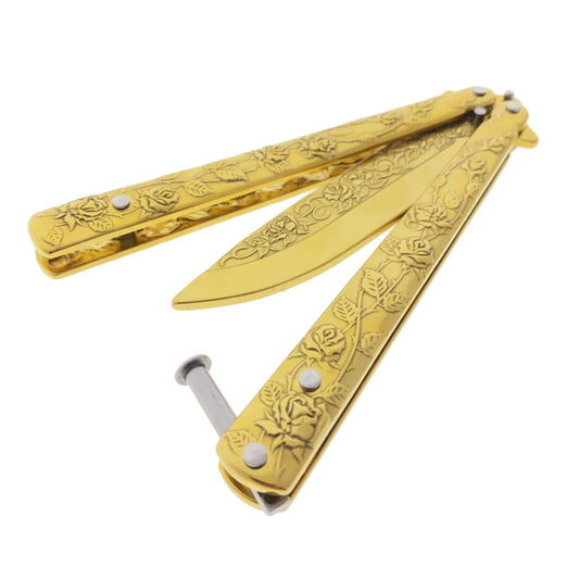 8" Gold Overall Practice Butterfly Knife w/Rose Engraved