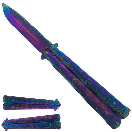 8" Rainbow Overall Practice Butterfly Knife w/Rose Engraved