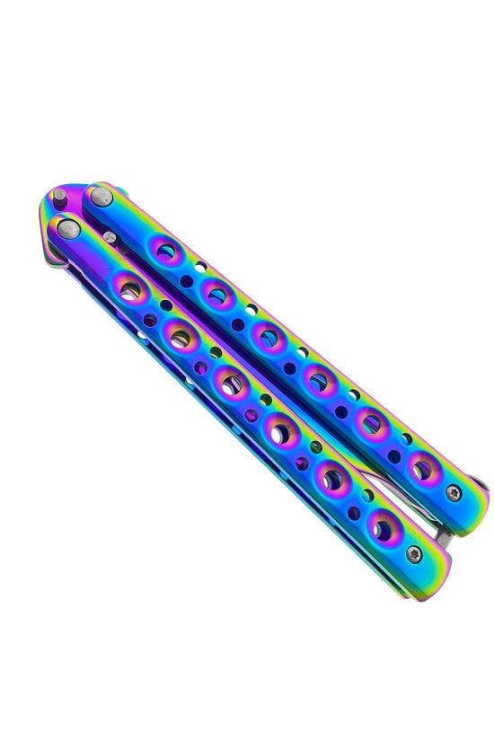 Rainbow Butterfly Knife Balisong Trainer with vibrant colors and smooth flipping action for practice
