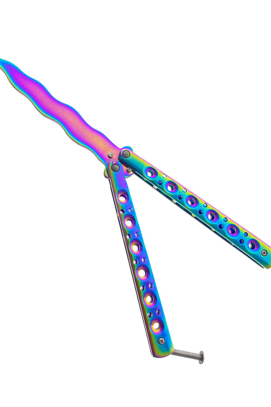 Rainbow Butterfly Knife Balisong Trainer with colorful handles and a sleek design for practice and skill development