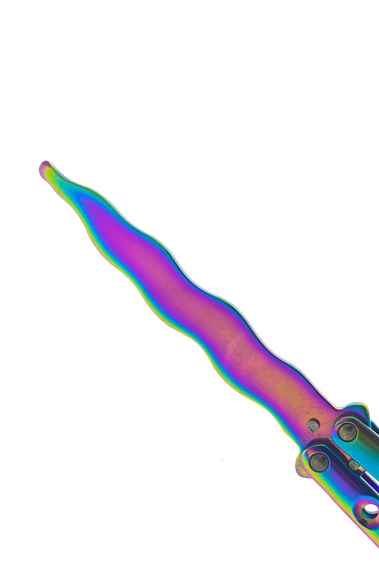 Rainbow Butterfly Knife Balisong Trainer by Guild Arms with a colorful metallic finish