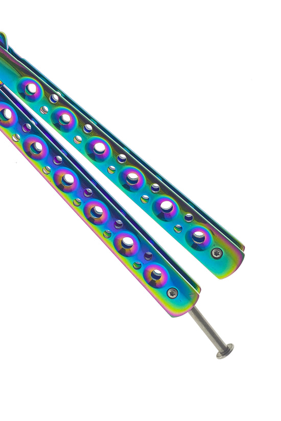 Rainbow Butterfly Knife Balisong Trainer with a vibrant multicolor finish and precise lightweight design