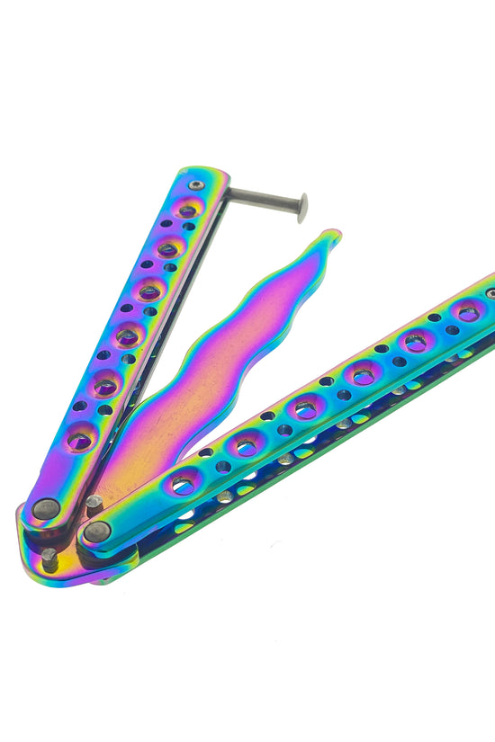 Rainbow Butterfly Knife Balisong Trainer with colorful metallic finish for safe flipping practice