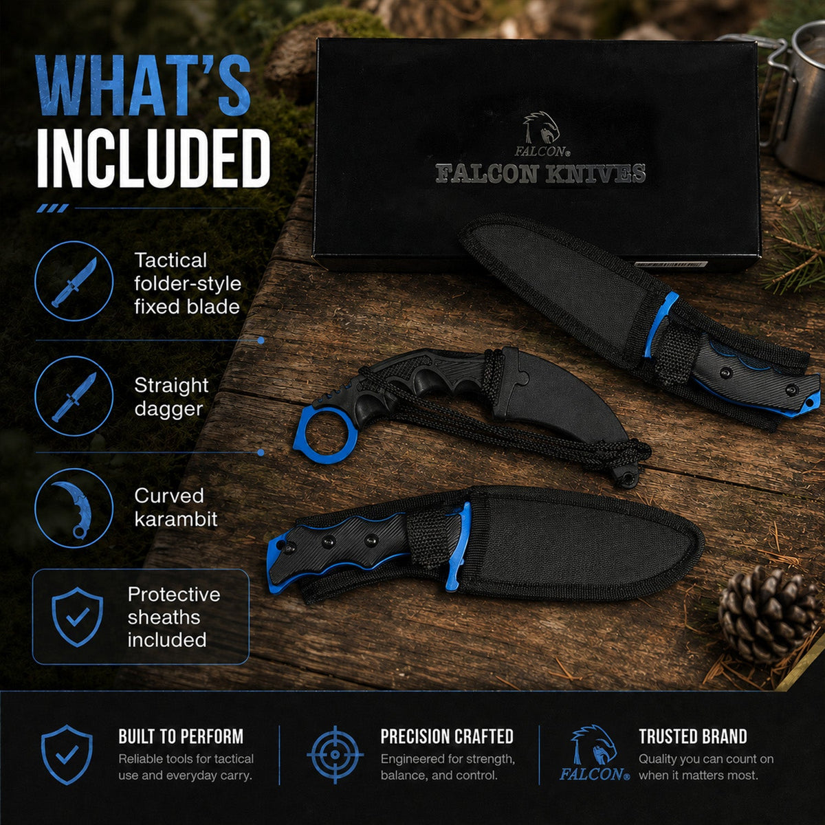 Falcon 3 Piece Set Blue Blade / Black Handle / Tactical Knife