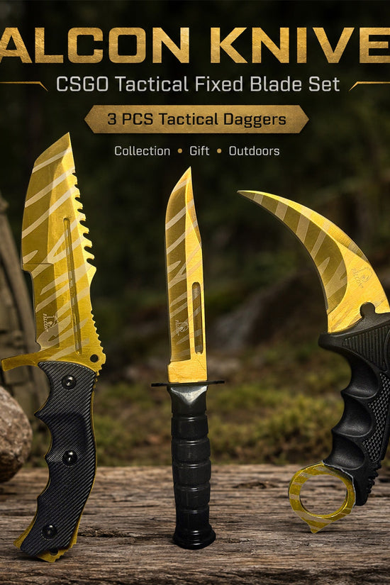 Falcon 3-Piece Gold Set. 7 1/2" & 8 1/2" Tactical Knife, 7 1/2" Karambit