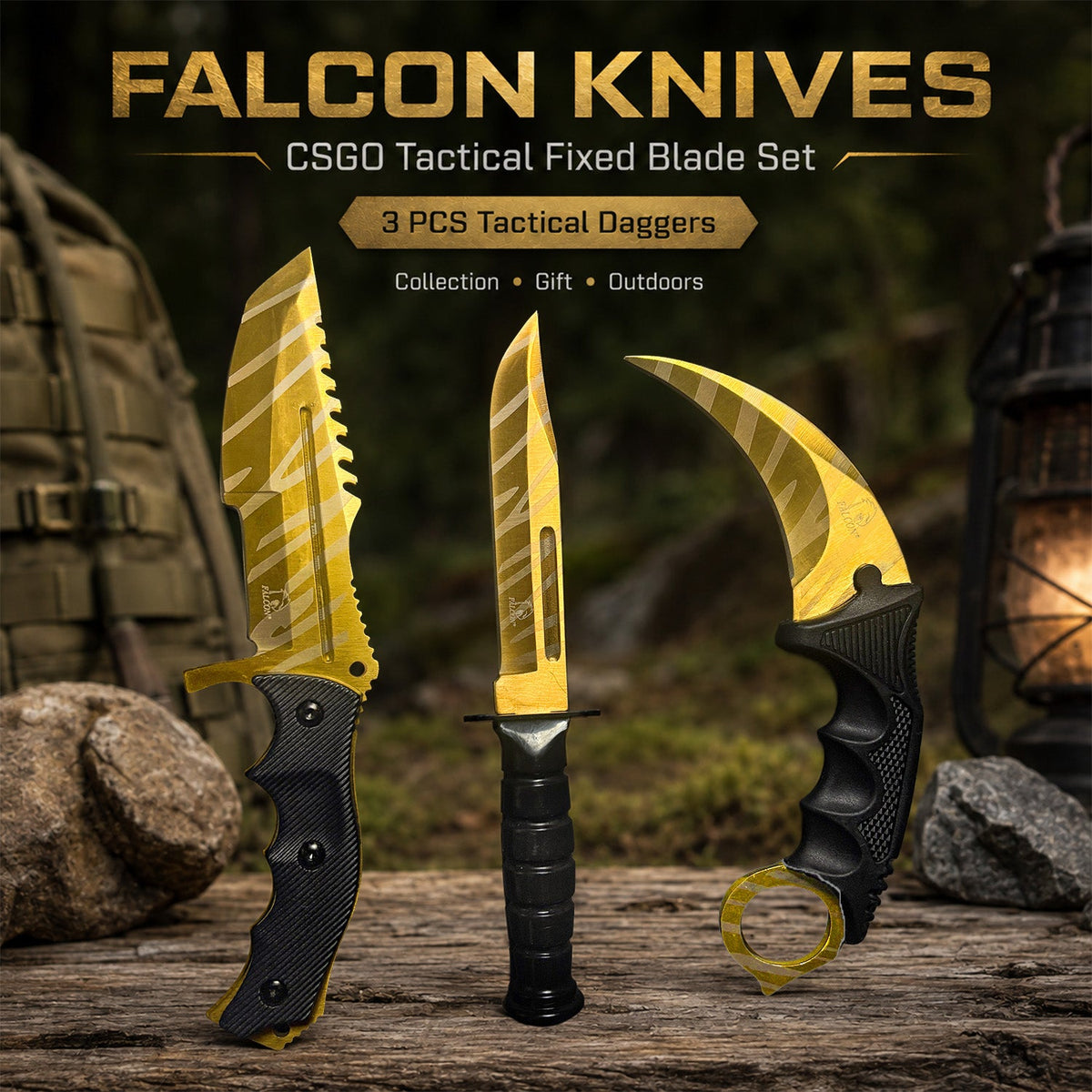 Falcon 3-Piece Gold Set. 7 1/2" & 8 1/2" Tactical Knife, 7 1/2" Karambit