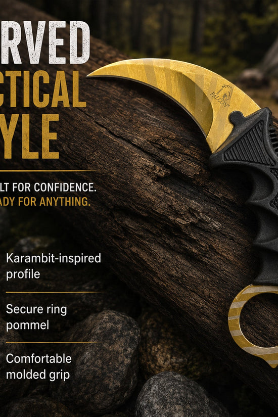Falcon 3-Piece Gold Set. 7 1/2" & 8 1/2" Tactical Knife, 7 1/2" Karambit