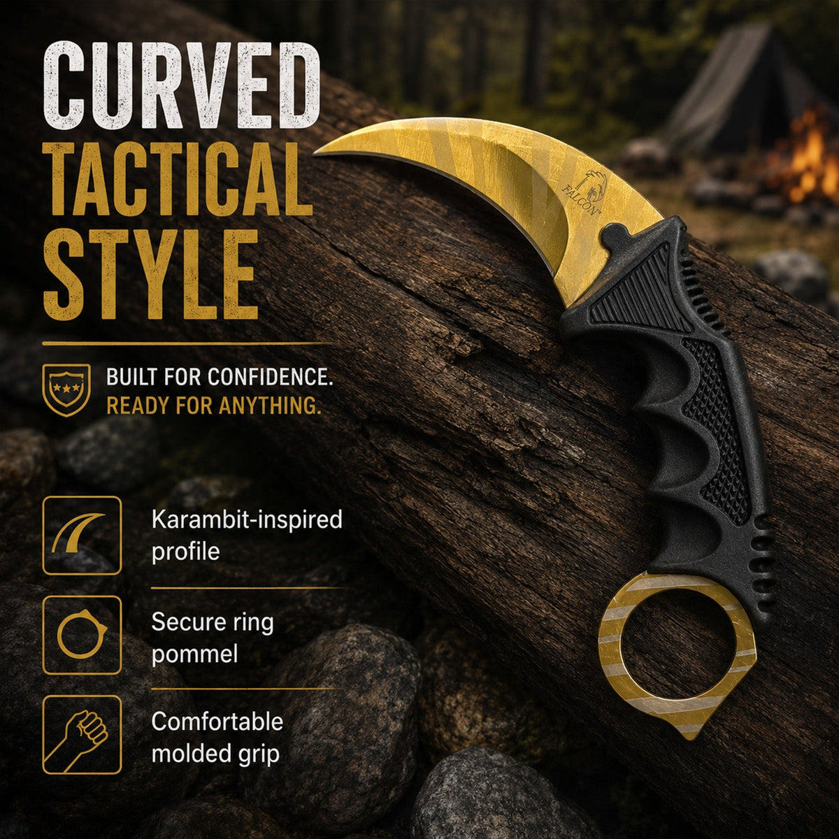 Falcon 3-Piece Gold Set. 7 1/2" & 8 1/2" Tactical Knife, 7 1/2" Karambit