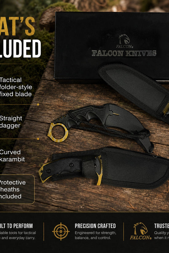 Falcon 3-Piece Gold Set. 7 1/2" & 8 1/2" Tactical Knife, 7 1/2" Karambit