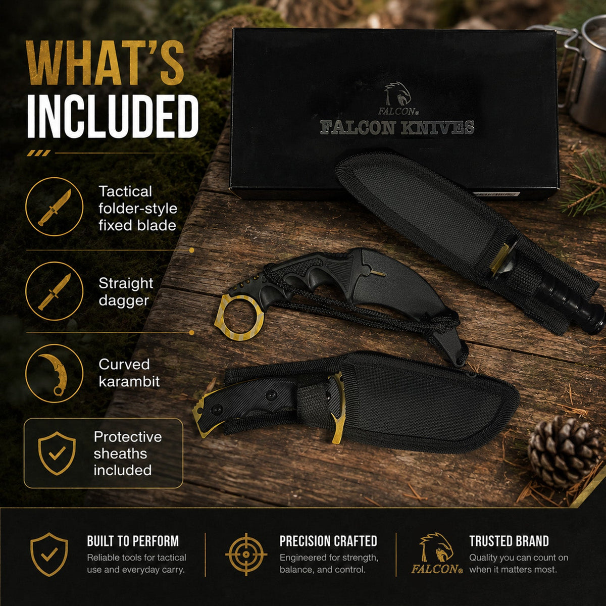 Falcon 3-Piece Gold Set. 7 1/2" & 8 1/2" Tactical Knife, 7 1/2" Karambit