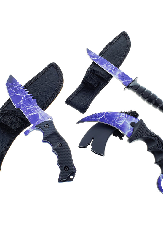 Falcon 3 PCS Blue Thunder Set Tactical Fixed Blade Knives