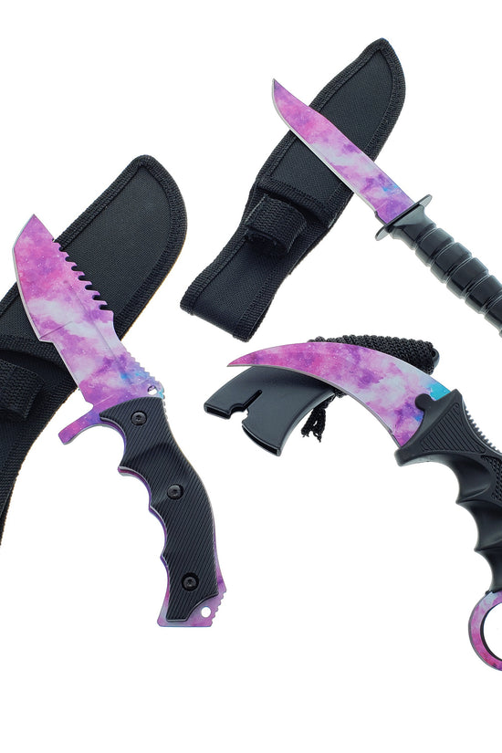 Falcon 3 PCS Pink Galaxy Set. Tactical Knives & Karambit