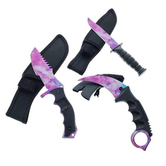 Falcon 3 PCS Pink Galaxy Set. Tactical Knives & Karambit