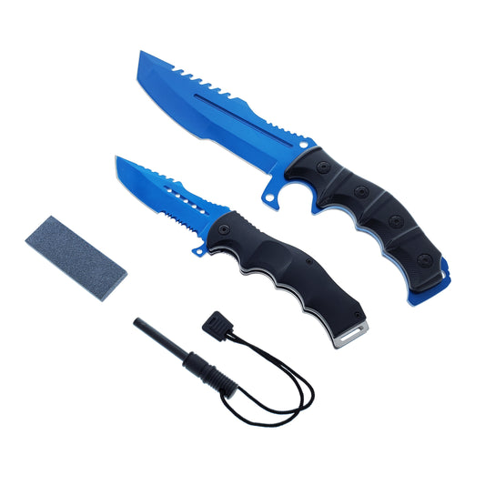 2 Pc Blue Hunting Knives Set with Fire Starter, Sharpener and Sheath