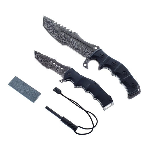 2 Pc Damascus Hunting Knives Set with Fire Starter, Sharpener and Sheath