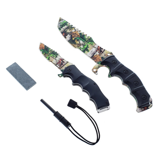 2 Pc Camo Hunting Knives Set with Fire Starter, Sharpener and Sheath