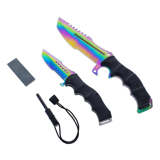 2 Pc Rainbow Hunting Knives Set with Fire Starter, Sharpener and Sheath