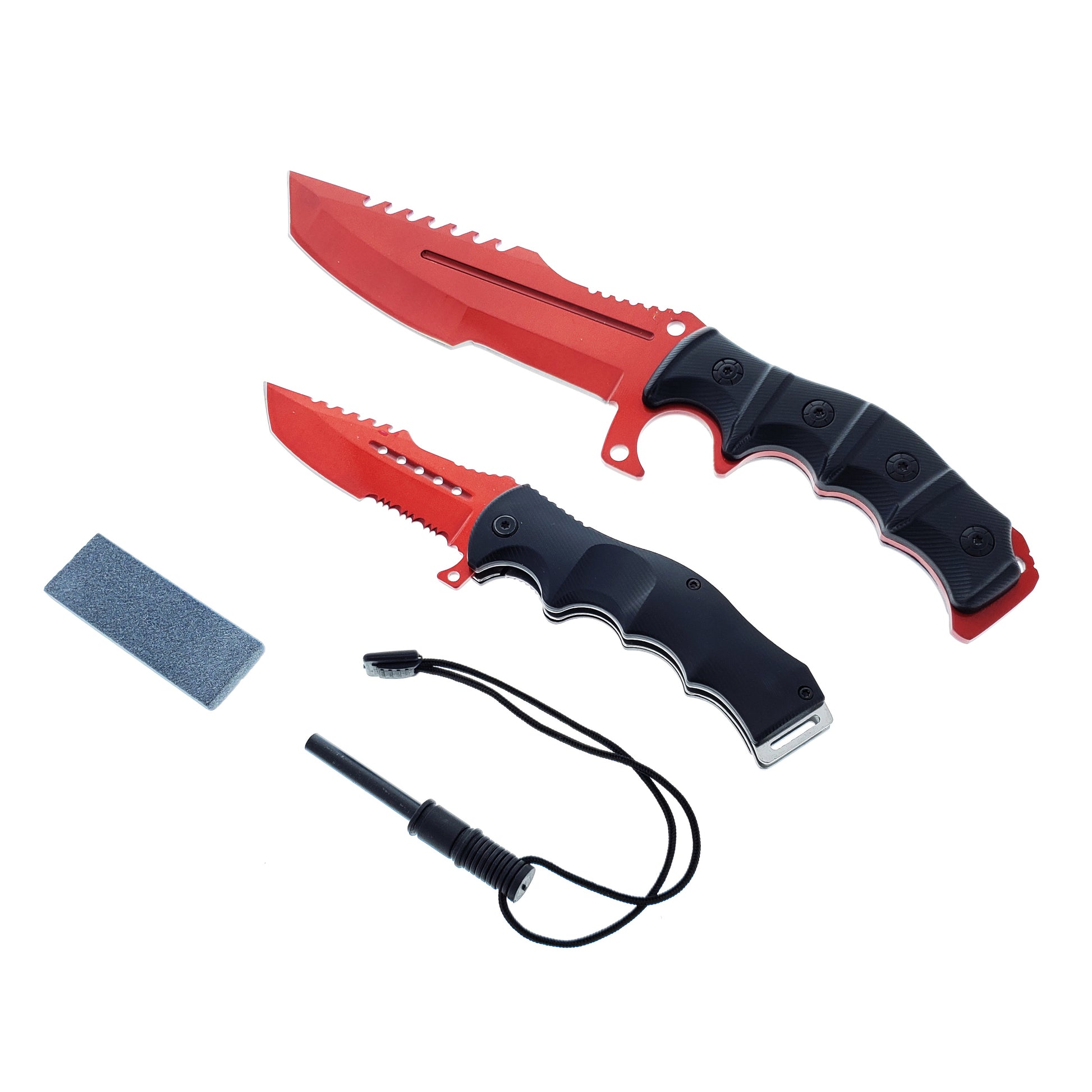 2 Pc Red Hunting Knives Set with Fire Starter, Sharpener and Sheath