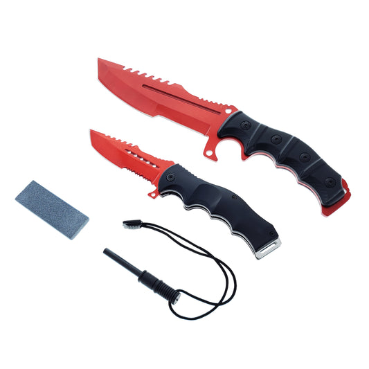 2 Pc Red Hunting Knives Set with Fire Starter, Sharpener and Sheath