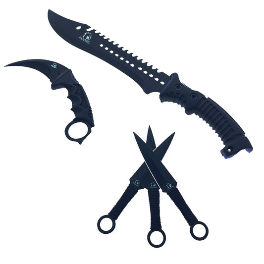 Falcon 5 Pieces Black Set Hunting Set (Machete, Karambit, Throwing Knives.)