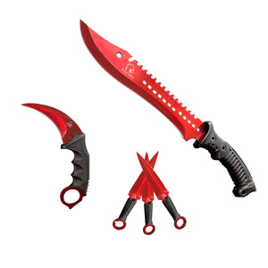 Falcon 5 Pieces Red Set Hunting Set (Machete, Karambit, Throwing Knives.)