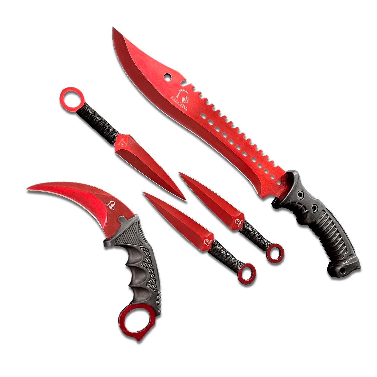 Falcon 5 Pieces Red Set Hunting Set (Machete, Karambit, Throwing Knives.)