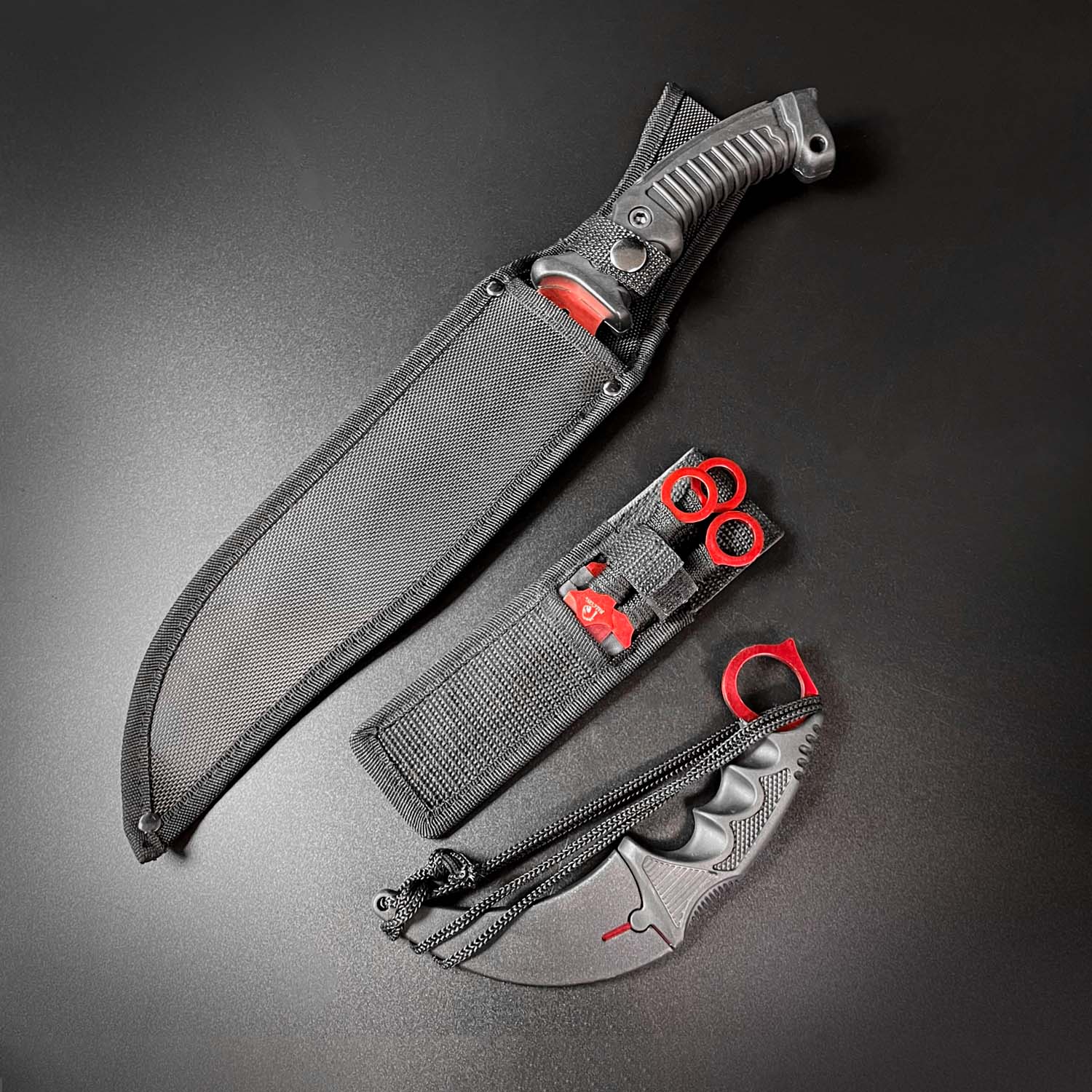 Falcon 5 Pieces Red Set Hunting Set (Machete, Karambit, Throwing Knives.)