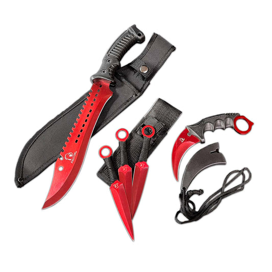 Falcon 5 Pieces Red Set Hunting Set (Machete, Karambit, Throwing Knives.)