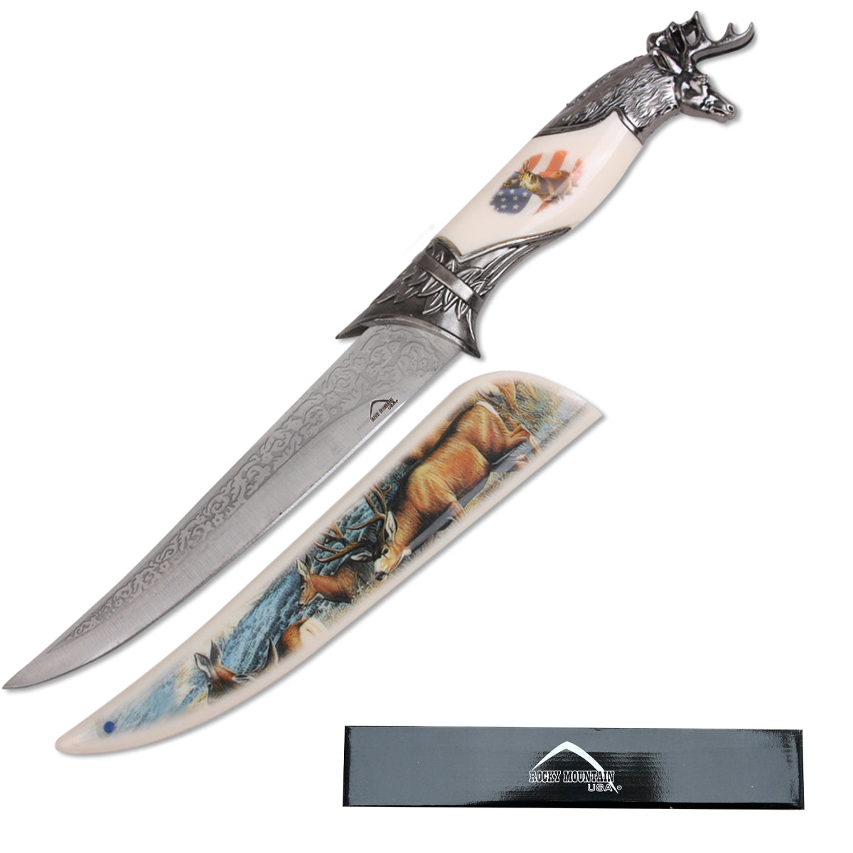 13 1/2" Deer USA Flag Handle and Cover Fantasy Dagger display collectible product photo