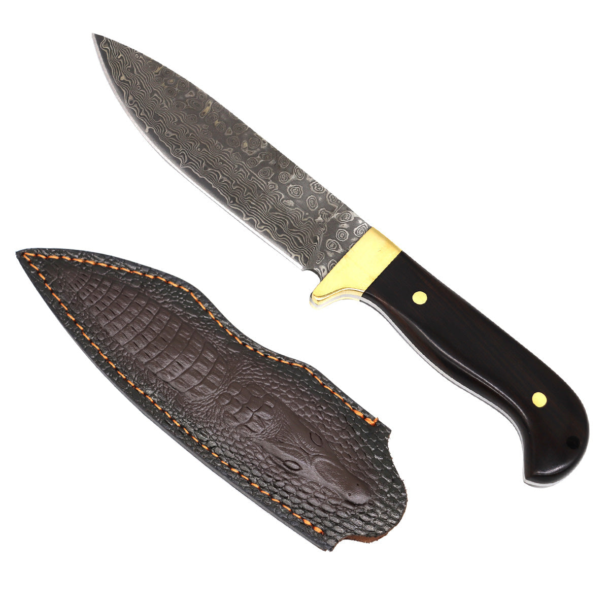 Rocky Mountain Damascus Hunting Knife - Brown Wood