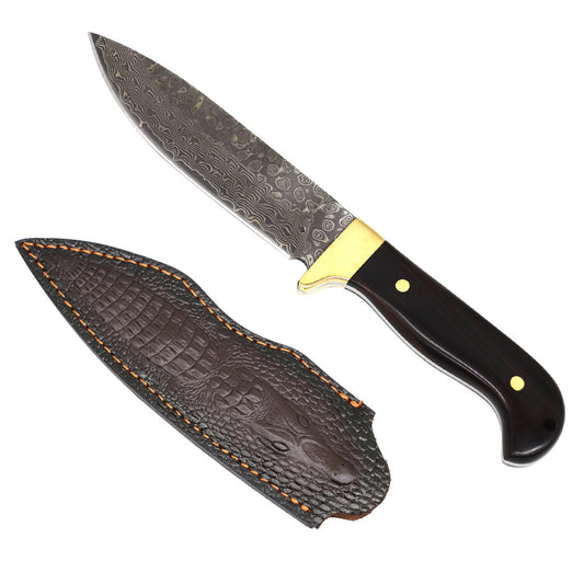 Rocky Mountain Damascus Hunting Knife - Brown Wood