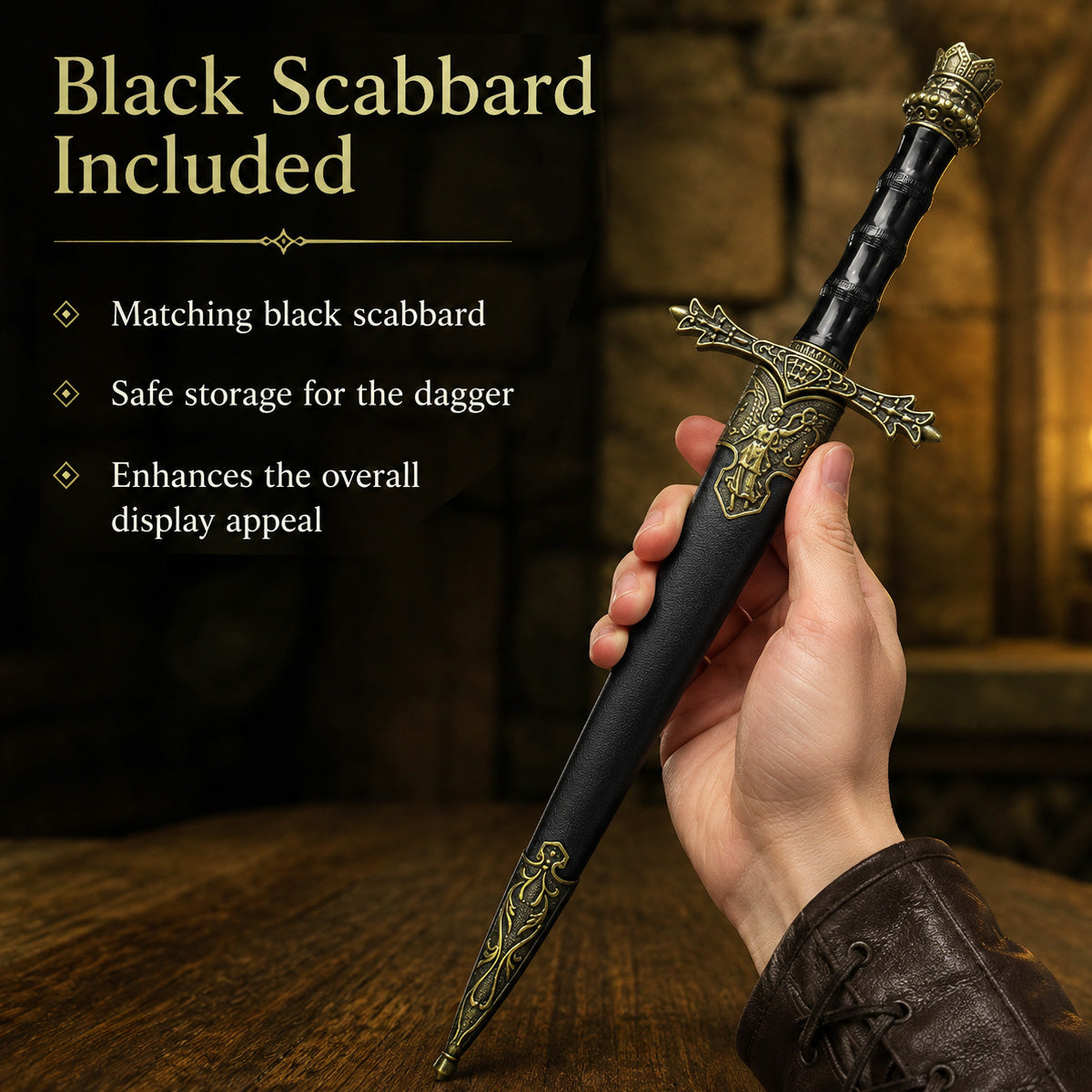 Hand holding dagger with black scabbard