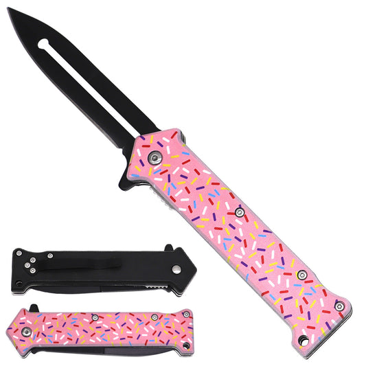 Spring Assisted Pocket Knife with Pink Donut-Print ABS Handle