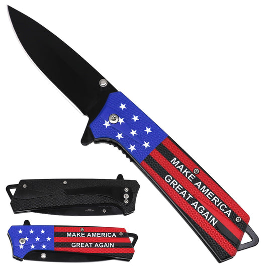 Spring Assisted Pocket Knife with USA Flag & MAGA Handle Design