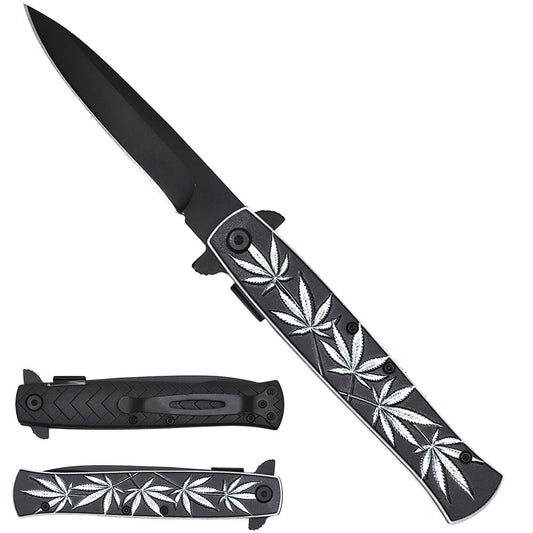 Silver Marijuana Handle Spring Assisted Knife - 3 1/2" Black Blade