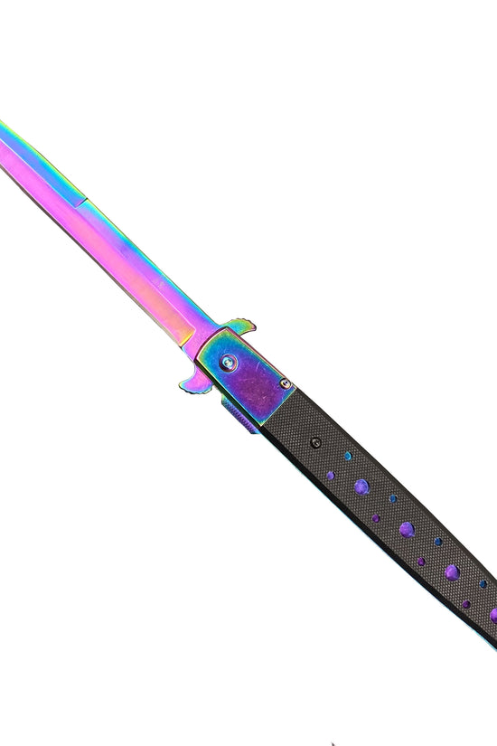 Rainbow Stiletto Spring Assisted Knife Wood Handle