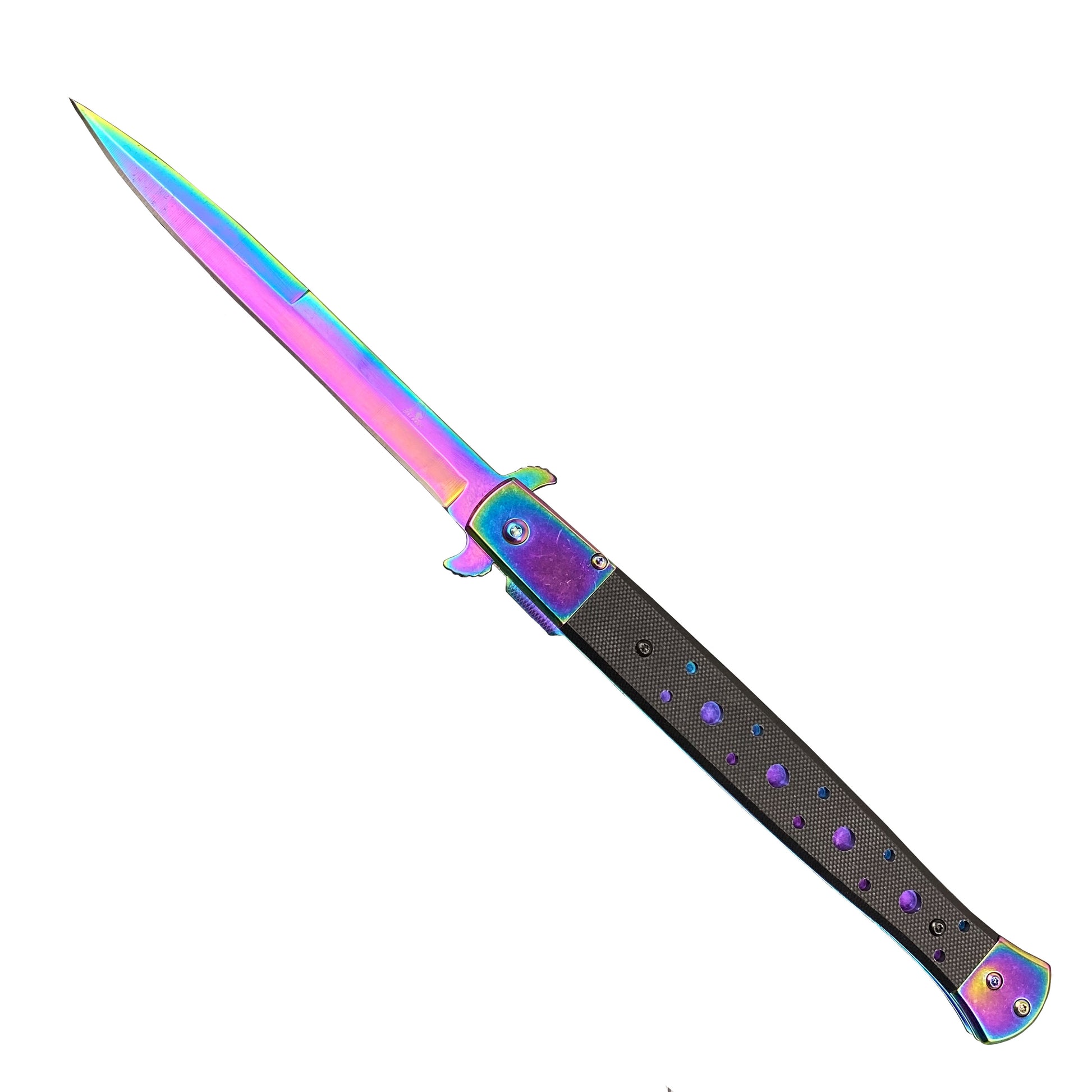 Rainbow Stiletto Spring Assisted Knife Wood Handle