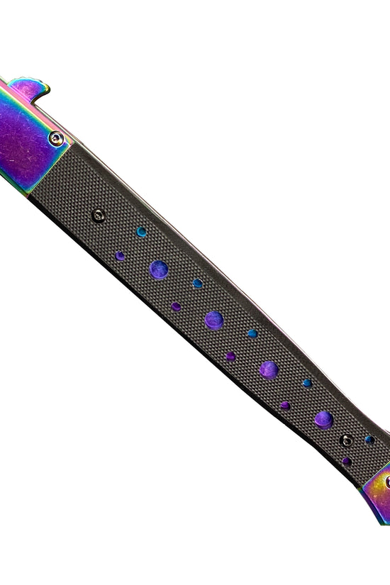 Rainbow Stiletto Spring Assisted Knife Wood Handle