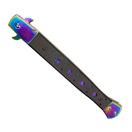 Rainbow Stiletto Spring Assisted Knife Wood Handle