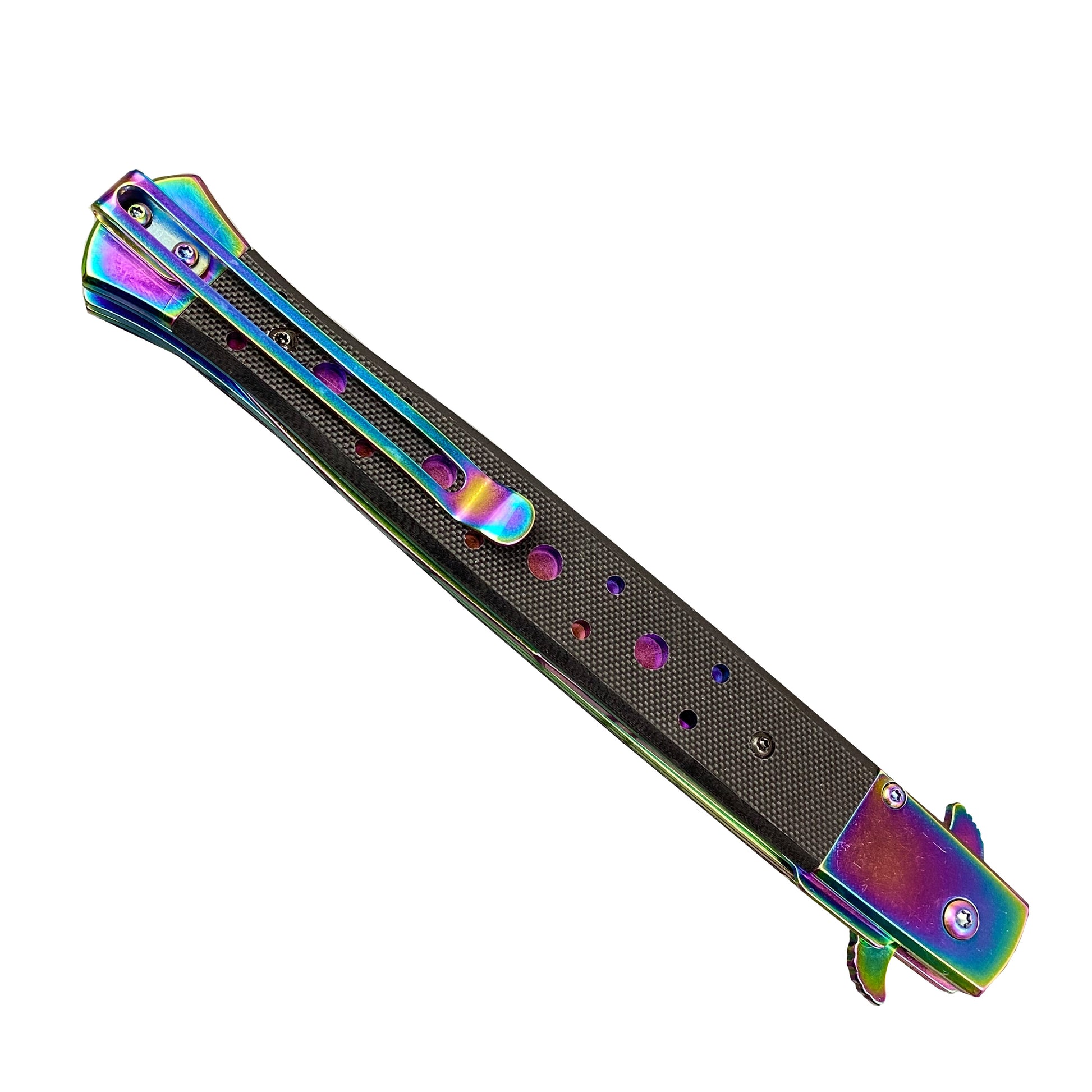 Rainbow Stiletto Spring Assisted Knife Wood Handle
