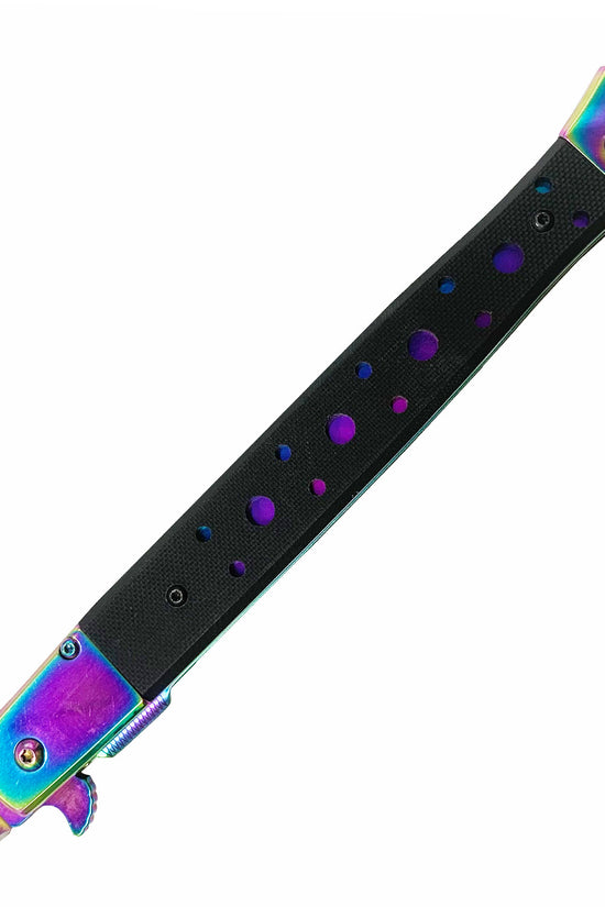 Rainbow Stiletto Spring Assisted Knife Wood Handle