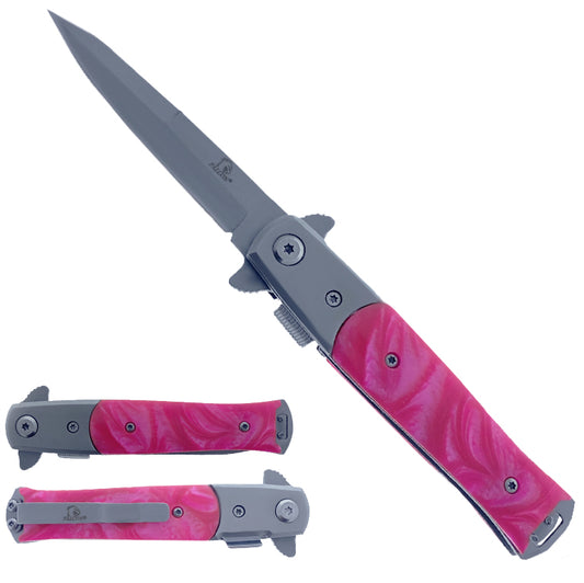 Falcon 7" Overall Spring Assisted Knife Silver Blade w/Faux Pink Marble Handle